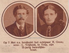 Echtpaar Goossens in 1927 waren ze 35 jaar getrouwd ze woonde Waterstraat 18 met RWB op site 22 jan. 2015.jpg
